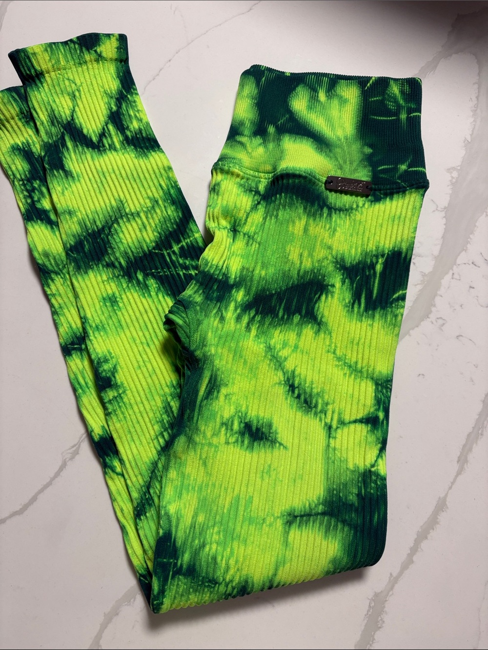 Bombshell Sportswear Neon Green & Dark Green Tie-Dye Ribbed Leggings